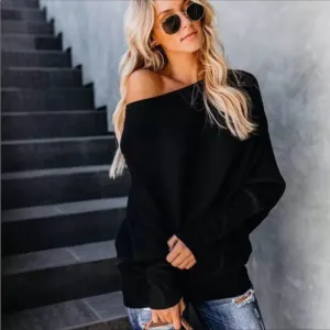 New Casual Black off shoulder women knit loose tops