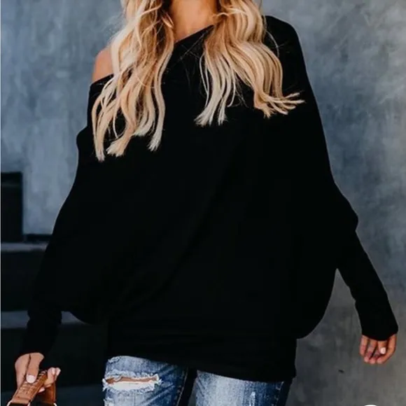 New Casual Black off shoulder women knit loose tops