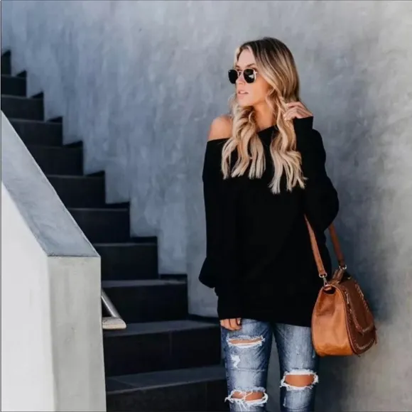 New Casual Black off shoulder women knit loose tops