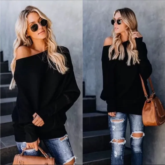 New Casual Black off shoulder women knit loose tops