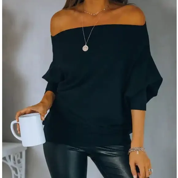 New Casual Black off shoulder women knit loose tops