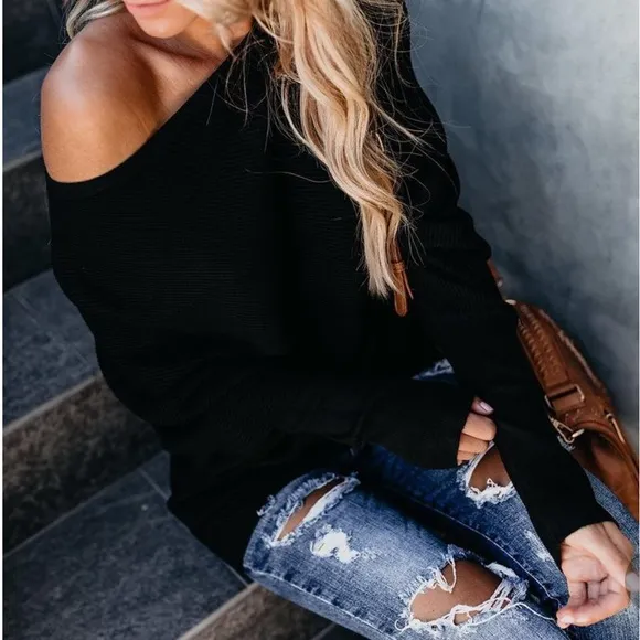 New Casual Black off shoulder women knit loose tops