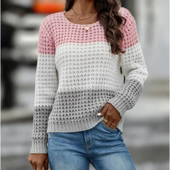 New color block long sleeve knit sweater