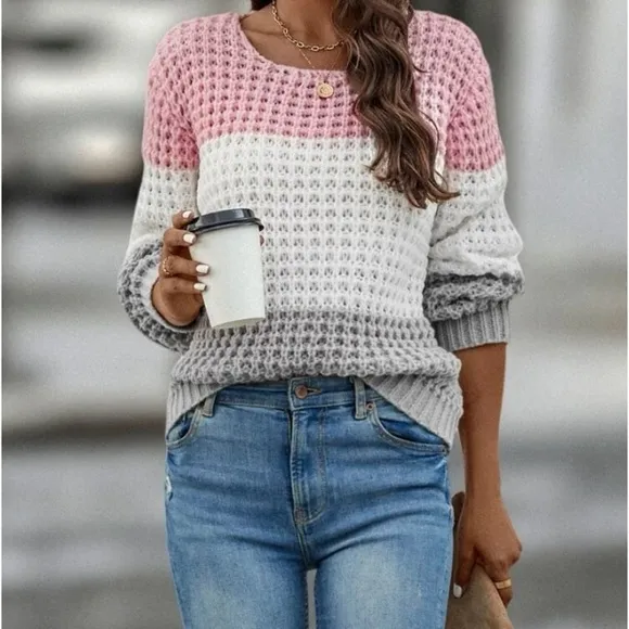 New color block long sleeve knit sweater