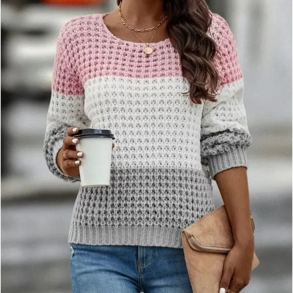 New color block long sleeve knit sweater