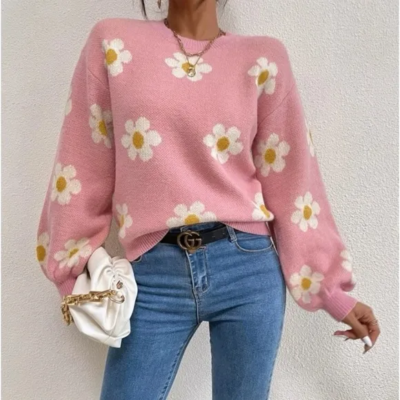 New  Daisy pink floral pattern sweater