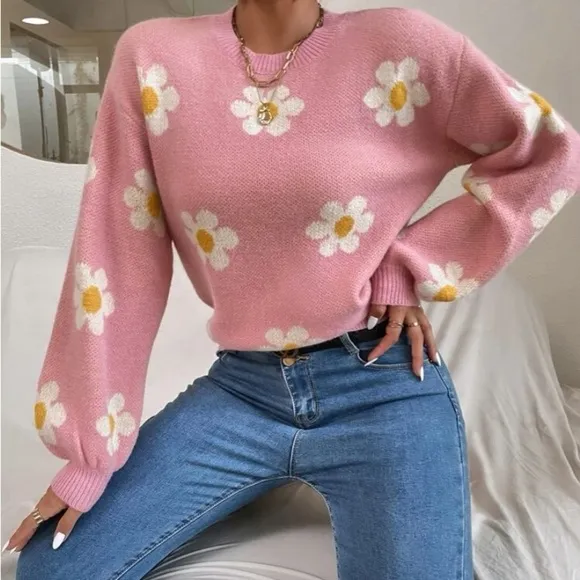 New  Daisy pink floral pattern sweater