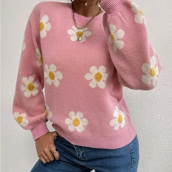 New  Daisy pink floral pattern sweater