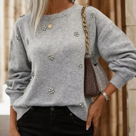 New gray rhinestone detailed  sweater