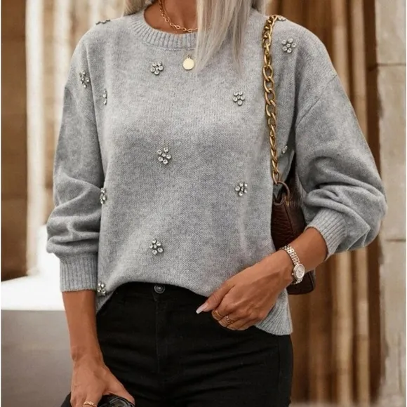 New gray rhinestone detailed  sweater