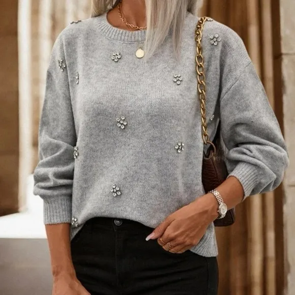 New gray rhinestone detailed  sweater