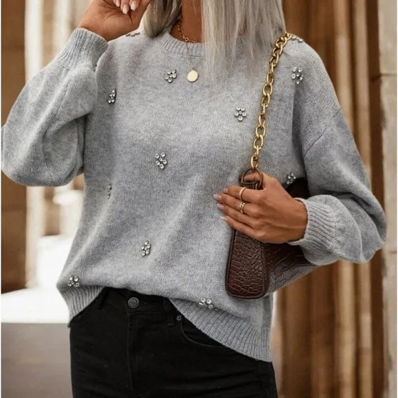 New gray rhinestone detailed  sweater