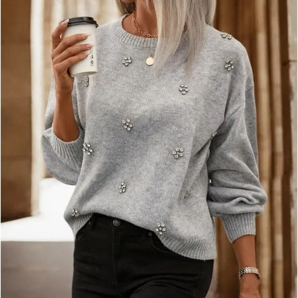 New gray rhinestone detailed  sweater