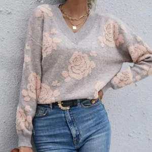 New gray v neck floral print  sweater