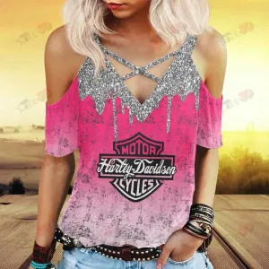 NEW Harley Davidson Women’s Cold Shoulder T-shirt With Criss Cross Strips, Pink, Sz M