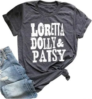 New Loretta Dolly & Patsy T-Shirt Tops for Womens Teen Girls Letter Graphic Tees Summer Short Sleeve Casual Grey Sz L