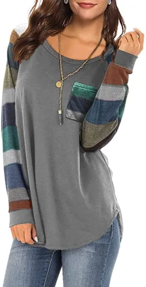 New LUOWENXH Womens Striped Color Block Tunic Tops Crewneck Pullover Long Sleeve T Shirt Casual Loose with Pocket, Grey, Sz XL!