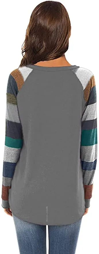 New LUOWENXH Womens Striped Color Block Tunic Tops Crewneck Pullover Long Sleeve T Shirt Casual Loose with Pocket, Grey, Sz XL!