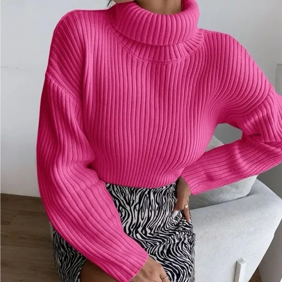 New pink ribbed knit turtleneck sweater