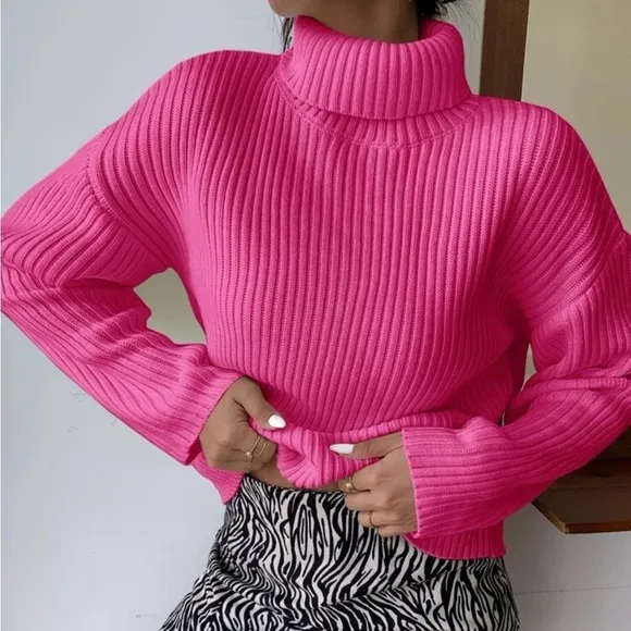 New pink ribbed knit turtleneck sweater