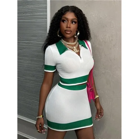 New Street Style Sporty Casual Set With Half Zip Crop Top And Bodycon Mini Skirt