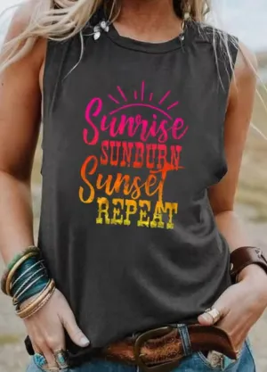 NEW Sunrise Sunburn Sunset Repeat Gradient colored Tank top summer trendy Sleevele Tee Women fashion casual vintage top Sz XL, Dark Grey
