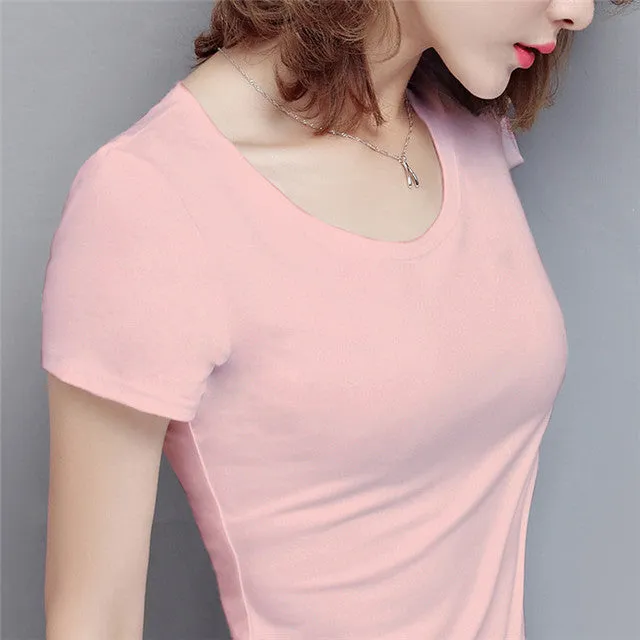 New Women Cotton T-shirt Summer Casual Elasticity Short-sleeve V-neck Slim Bottom T-shirt Girl
