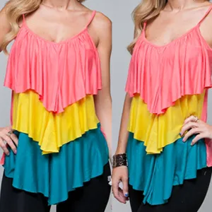 NEW Womens Spaghetti Asymmetrical Top Blouse Cami Tiered Layered Color Block Blocking Orange Yellow Blue Women's Size Small S
