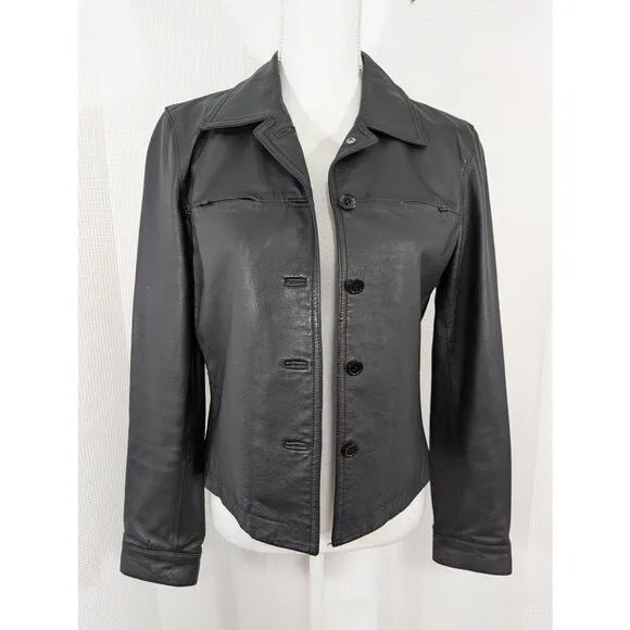 NEWPORT NEWS! SLEEK CROPPED LENGTH GENUINE LEATHER, BLACK JACKET! SZ 8