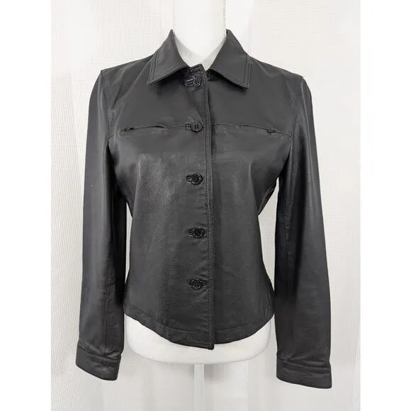 NEWPORT NEWS! SLEEK CROPPED LENGTH GENUINE LEATHER, BLACK JACKET! SZ 8