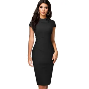 Nice-forever Vintage Elegant Pure Color with Button Office Work vestidos Business Formal Bodycon Women Pencil Dress B574