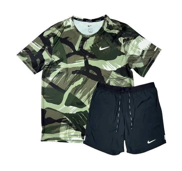Nike Dri-FIT Miler 2.0 T-Shirt and Flex Stride Shorts - Green Camo/Black