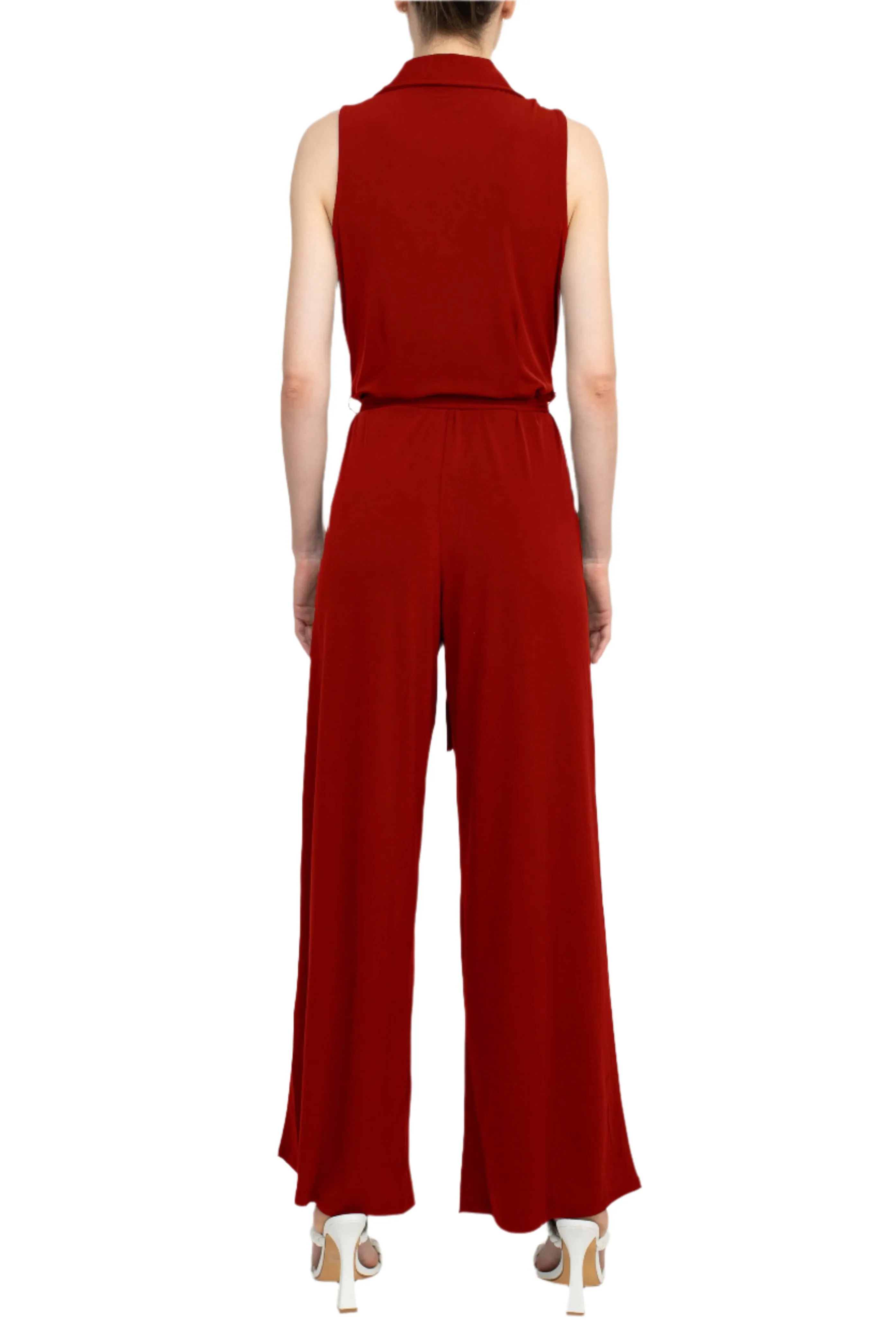 Nina Leonard V-Neck Collared Sleeveless Tie Waist Solid Jumpsuit
