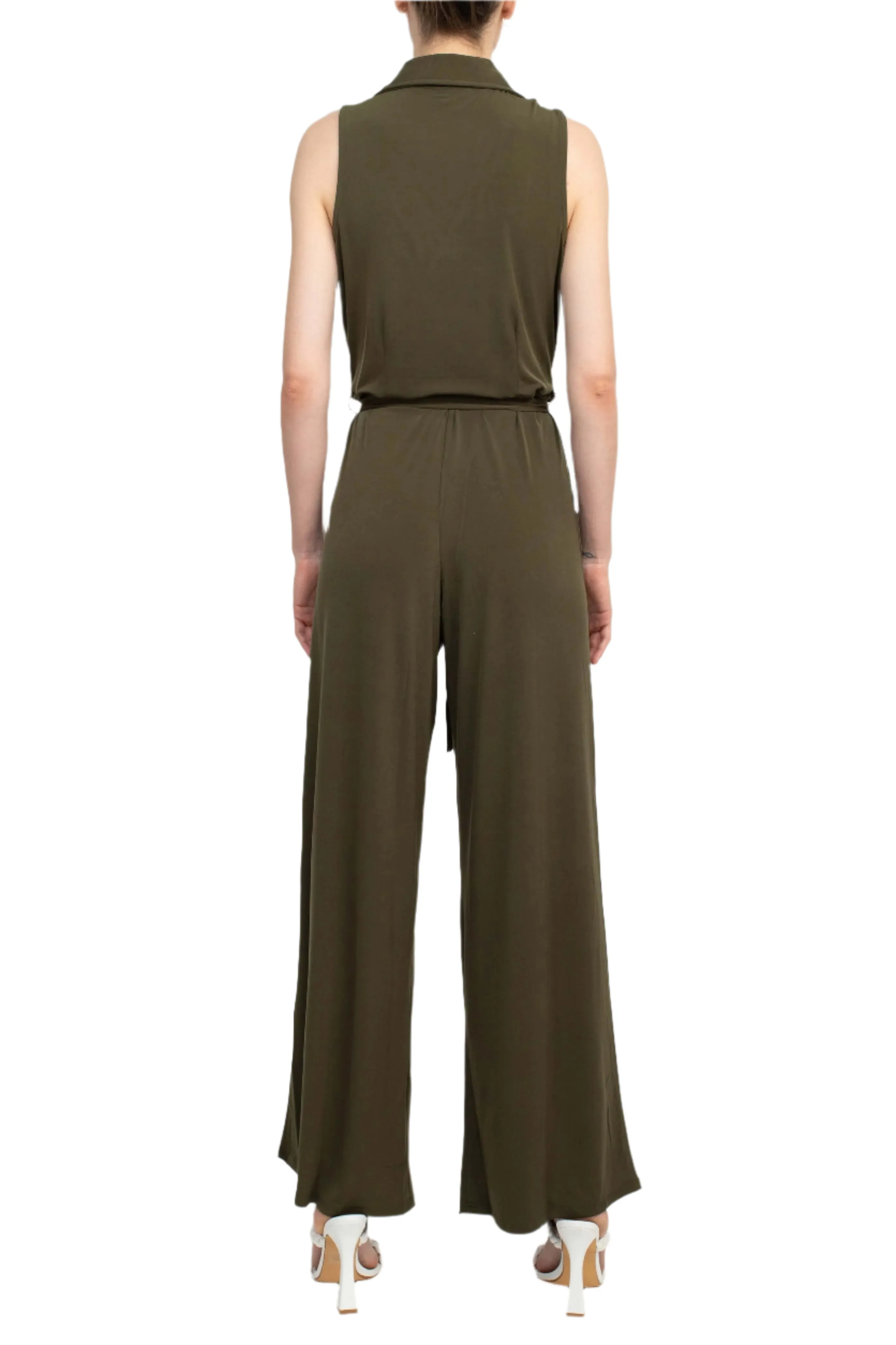 Nina Leonard V-Neck Collared Sleeveless Tie Waist Solid Jumpsuit