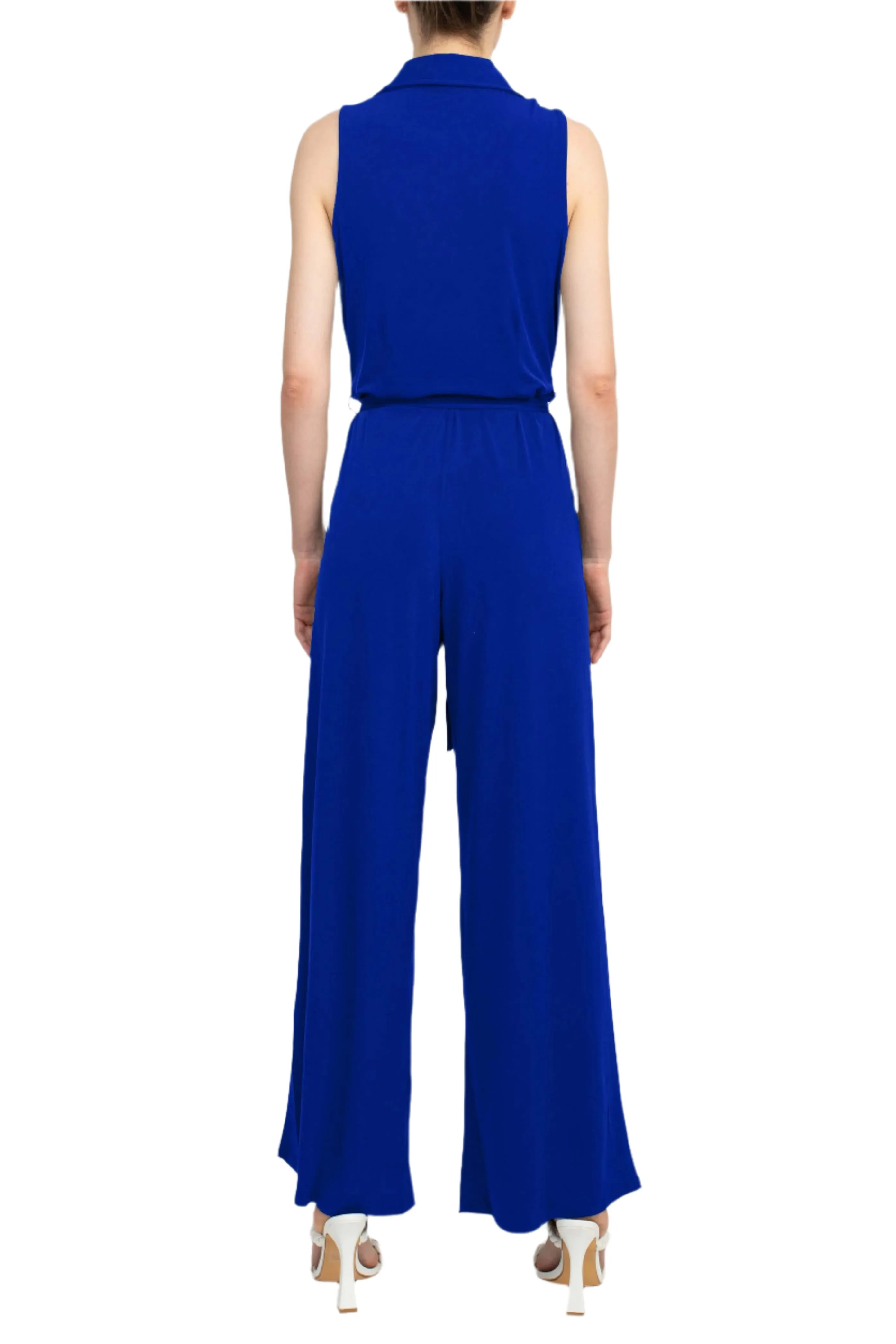 Nina Leonard V-Neck Collared Sleeveless Tie Waist Solid Jumpsuit
