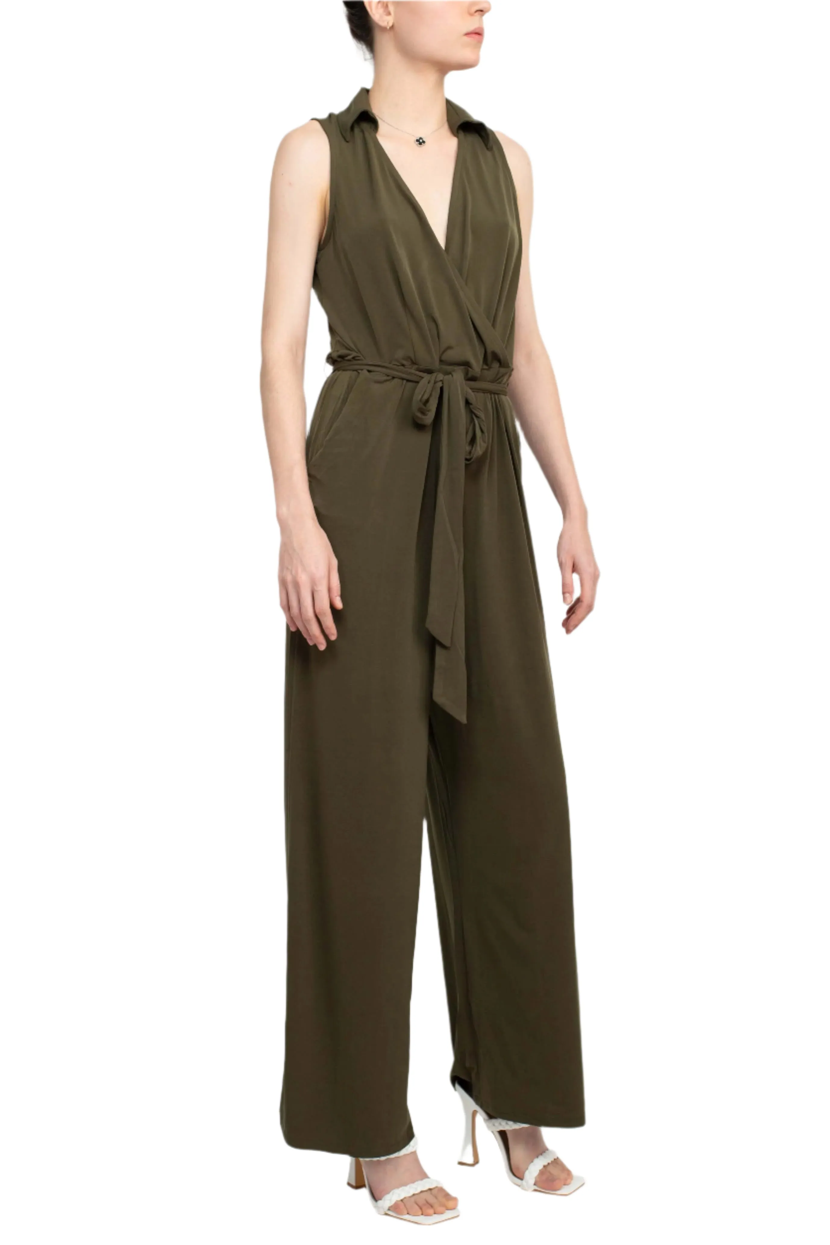 Nina Leonard V-Neck Collared Sleeveless Tie Waist Solid Jumpsuit