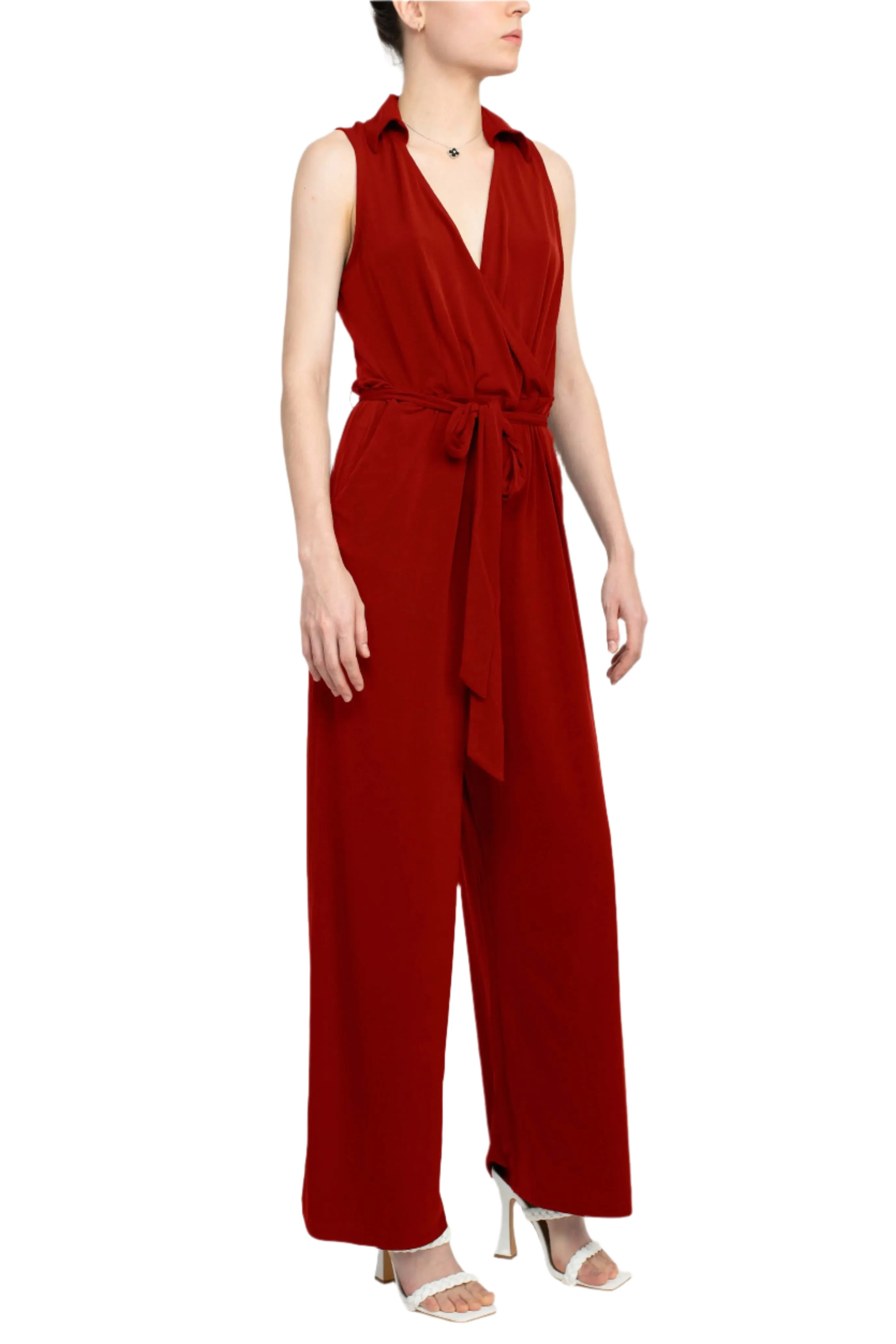 Nina Leonard V-Neck Collared Sleeveless Tie Waist Solid Jumpsuit