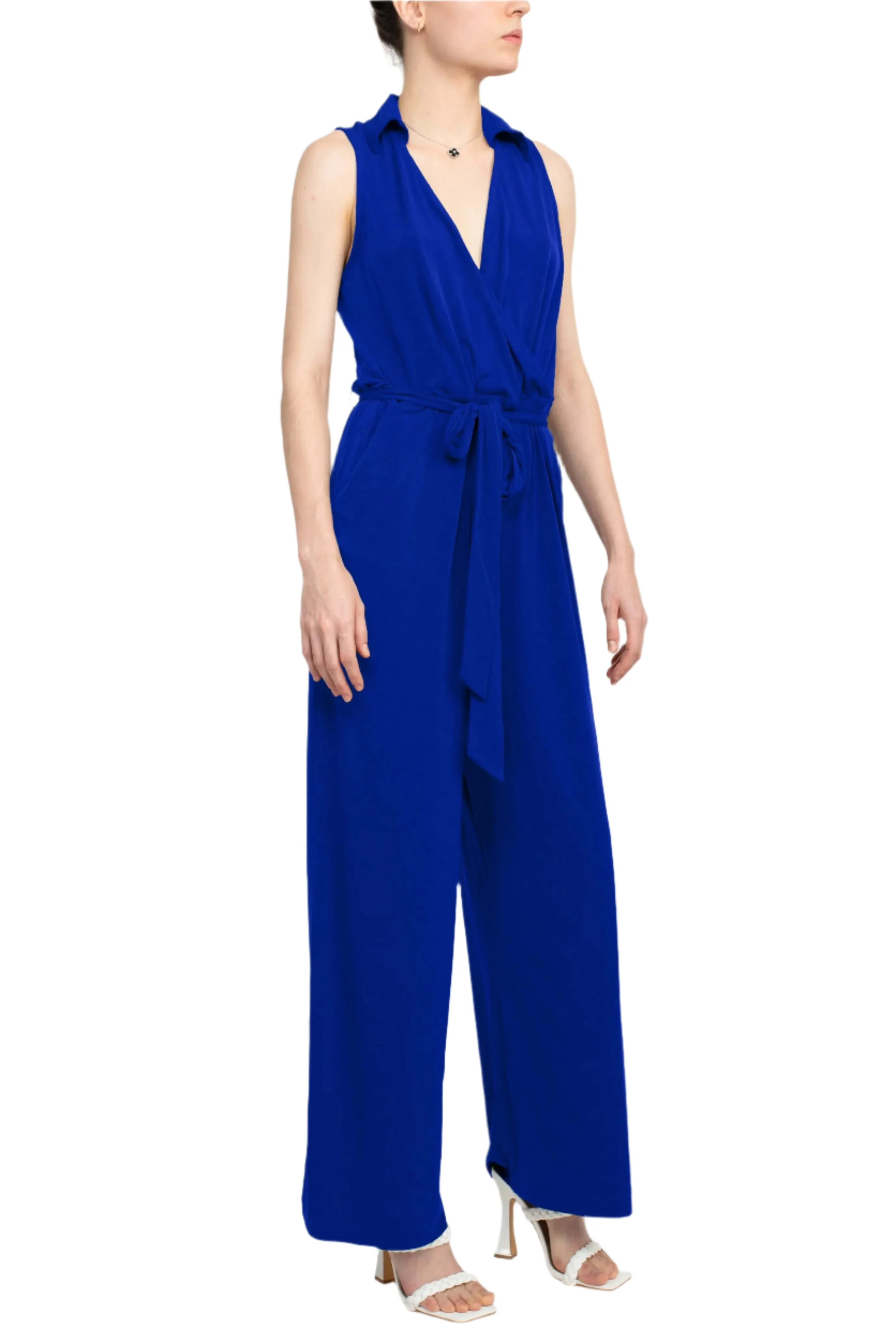 Nina Leonard V-Neck Collared Sleeveless Tie Waist Solid Jumpsuit