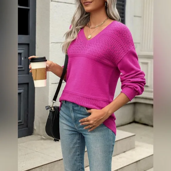 NWT Casual Long Sleeve Ribbed Knit Pullover V Neck Lightweight Crochet Pullover