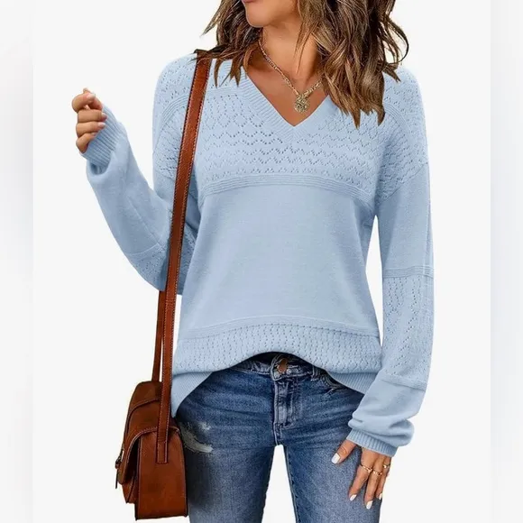 NWT Casual Long Sleeve Ribbed Knit Pullover V Neck Lightweight Crochet Pullover