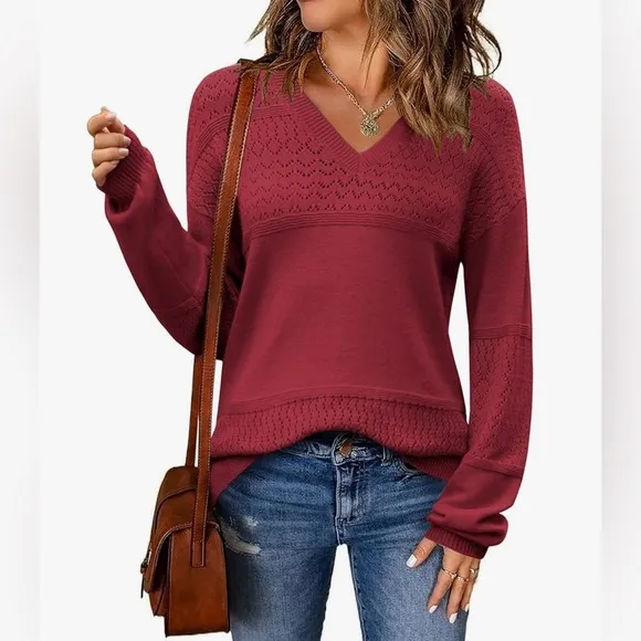 NWT Casual Long Sleeve Ribbed Knit Pullover V Neck Lightweight Crochet Pullover