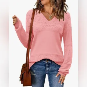 NWT Casual Long Sleeve Ribbed Knit Pullover V Neck Lightweight Crochet Pullover