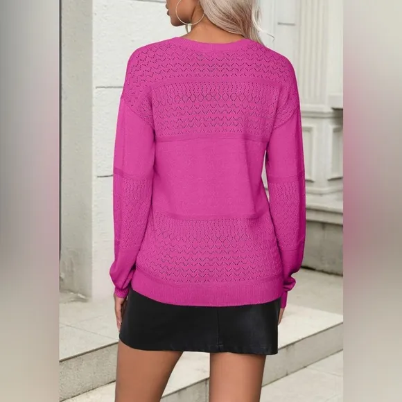 NWT Casual Long Sleeve Ribbed Knit Pullover V Neck Lightweight Crochet Pullover