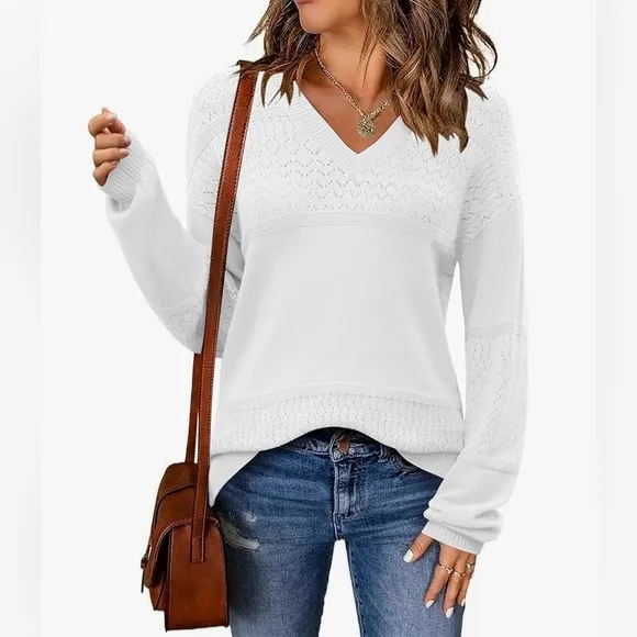 NWT Casual Long Sleeve Ribbed Knit Pullover V Neck Lightweight Crochet Pullover