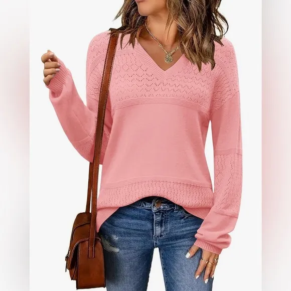 NWT Casual Long Sleeve Ribbed Knit Pullover V Neck Lightweight Crochet Pullover