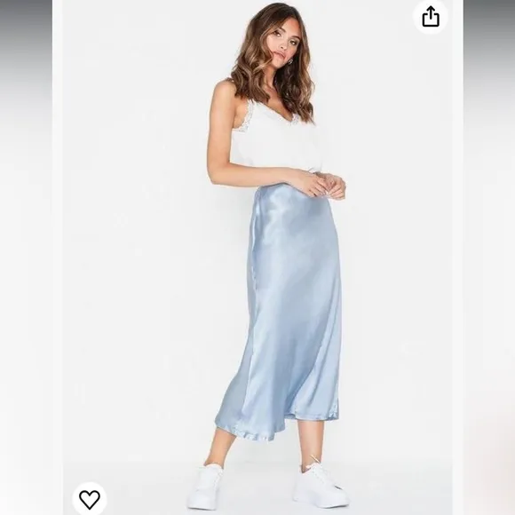 NWT JUPE NYC Pastel Baby Light Blue Satin Silk Midi Modest Slip Cute Skirt Sz L