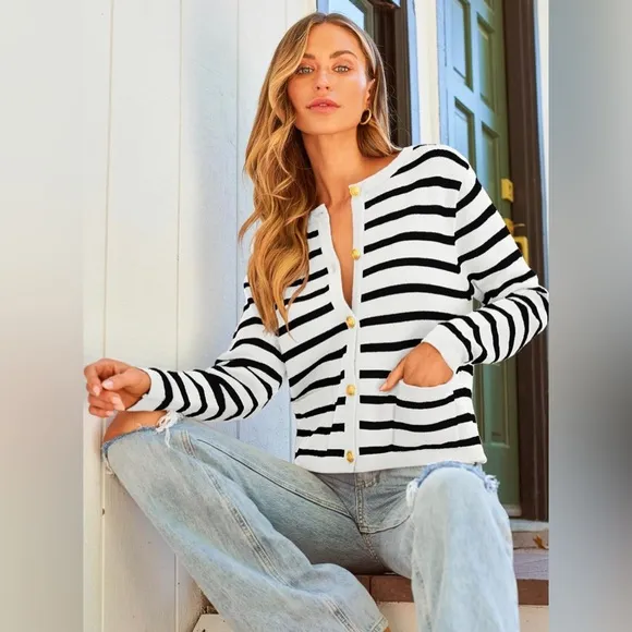 NWT Striped Cardigan Sweater, Long Sleeve Tops Casual Knit Lady Jacket