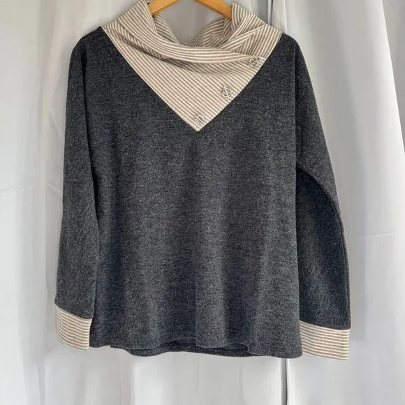 NWT THML Charcoal Gray Cowl Neck Sweater with Striped Trim Toggle Details Size M