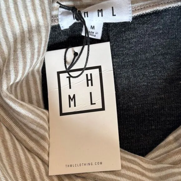 NWT THML Charcoal Gray Cowl Neck Sweater with Striped Trim Toggle Details Size M