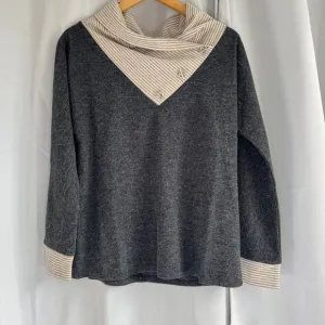 NWT THML Charcoal Gray Cowl Neck Sweater with Striped Trim Toggle Details Size M